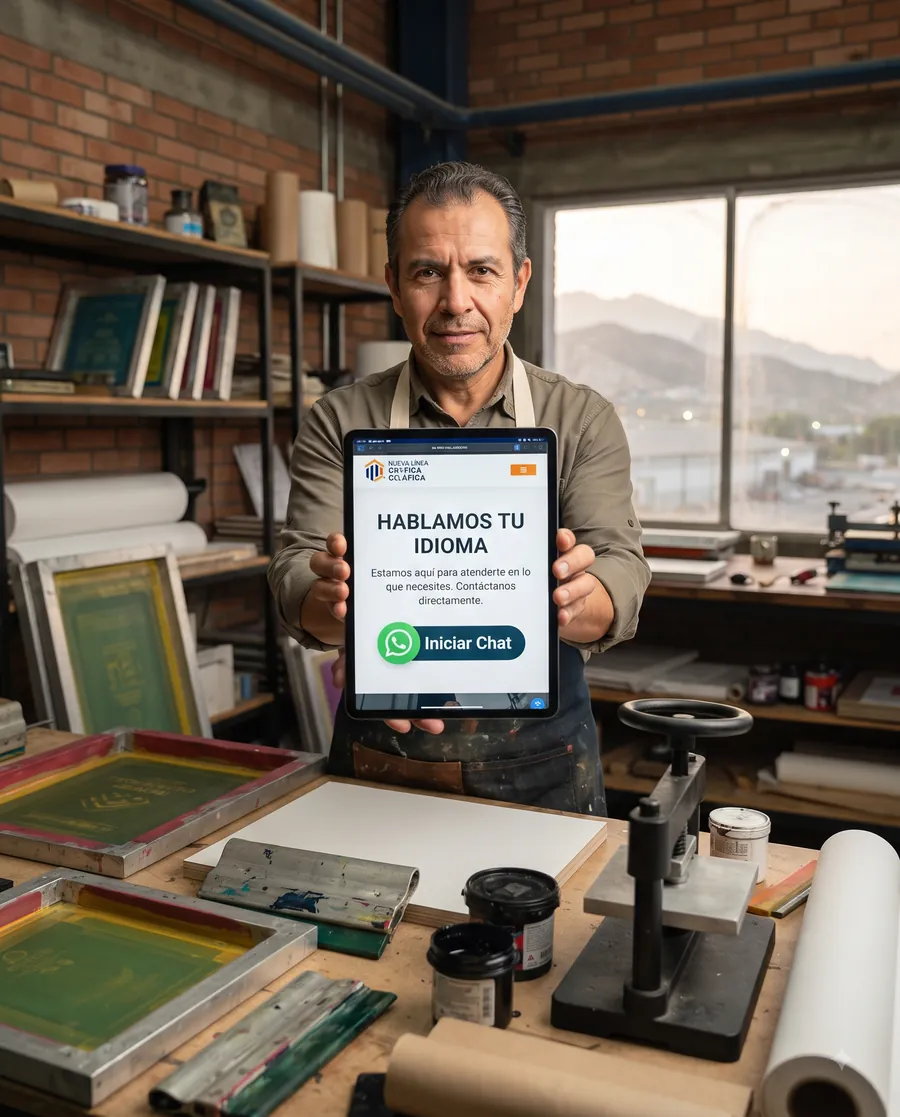 Dueño de un taller de Monterrey mostrando su página web con botón de WhatsApp en una tablet